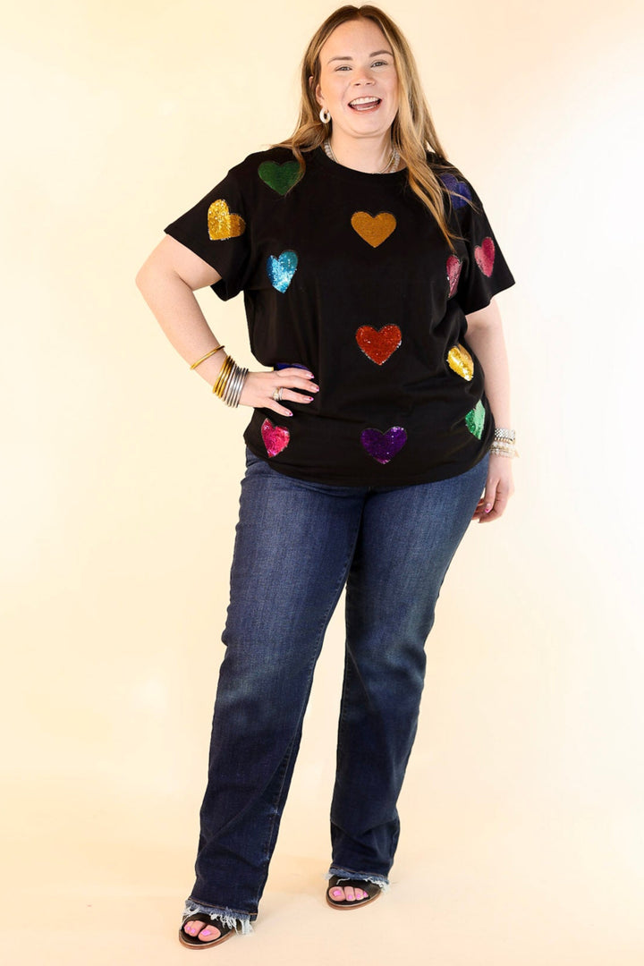 Queen Of Sparkles | Fluttering Hearts Multi-Colored Sequin Top in Black