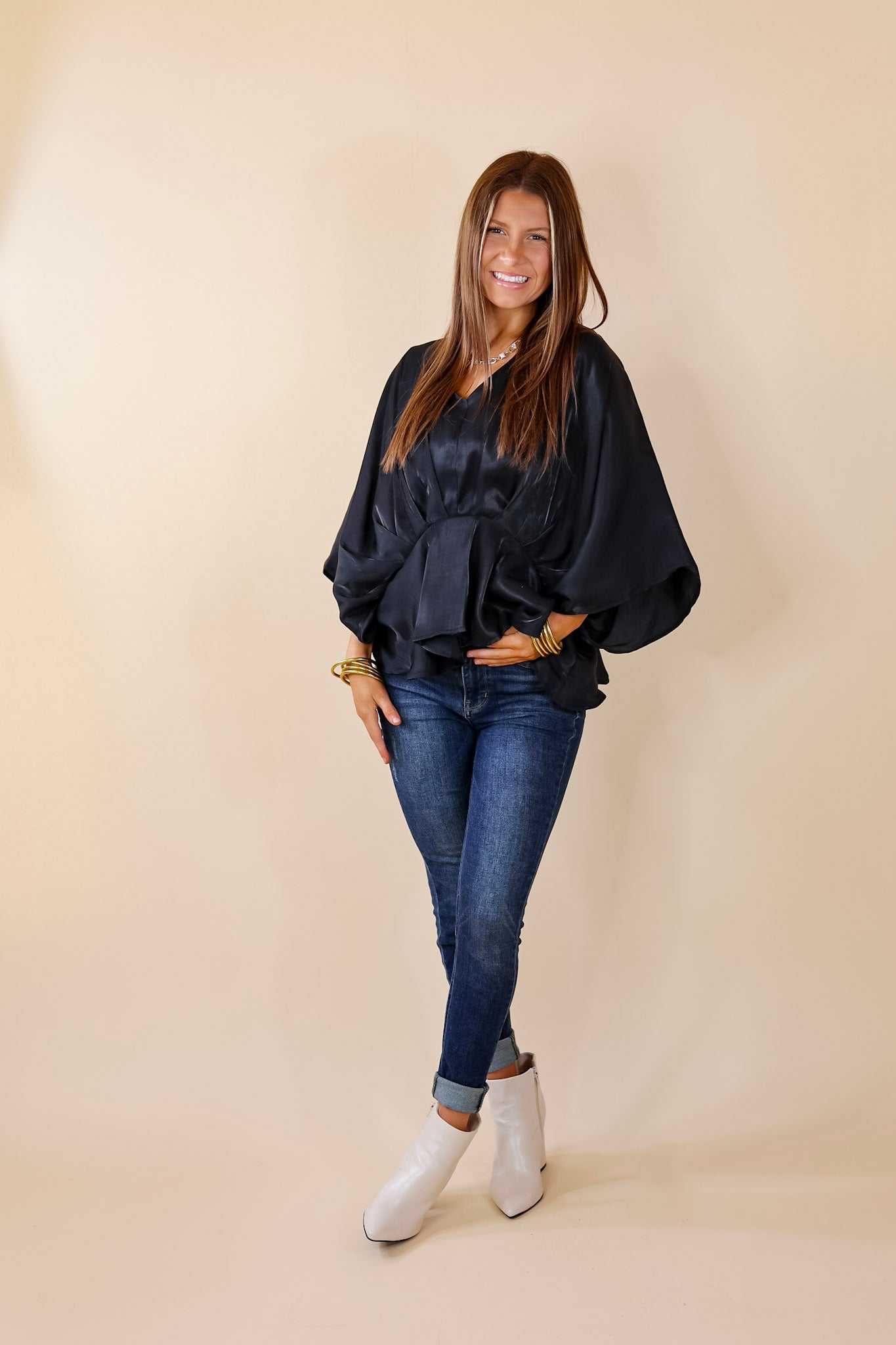Hear the Music Drop Sleeve Satin V Neck Peplum Top in Shiny Black - Giddy Up Glamour Boutique