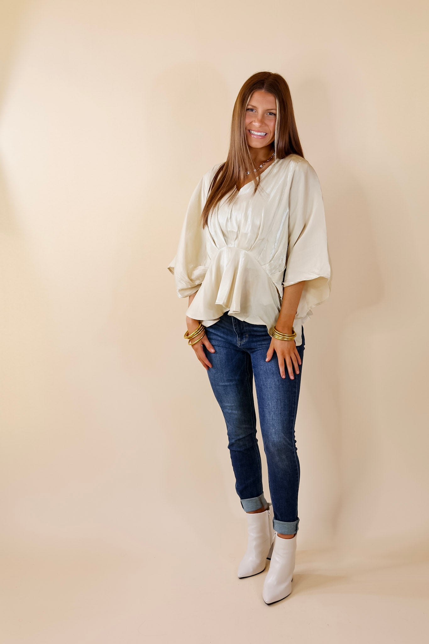 Hear the Music Drop Sleeve Satin V Neck Peplum Top in Champagne - Giddy Up Glamour Boutique