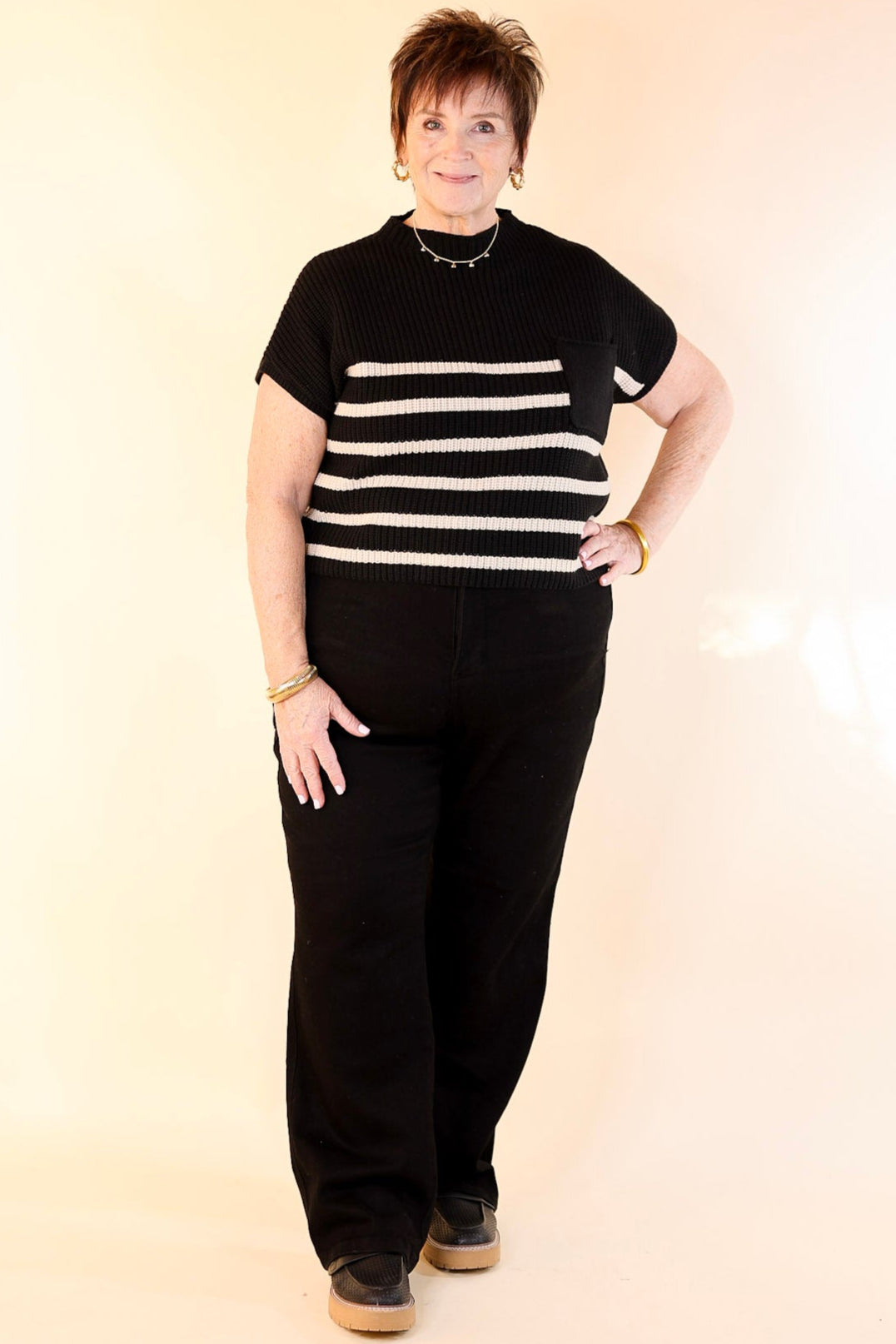 Repeat Worthy Striped Cap Sleeve Cropped Sweater with Front Pocket in Black