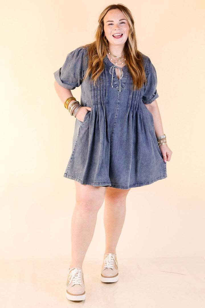 Breezy Beauty Denim Dress with Bow Keyhole and Front Pleating in Medium Wash