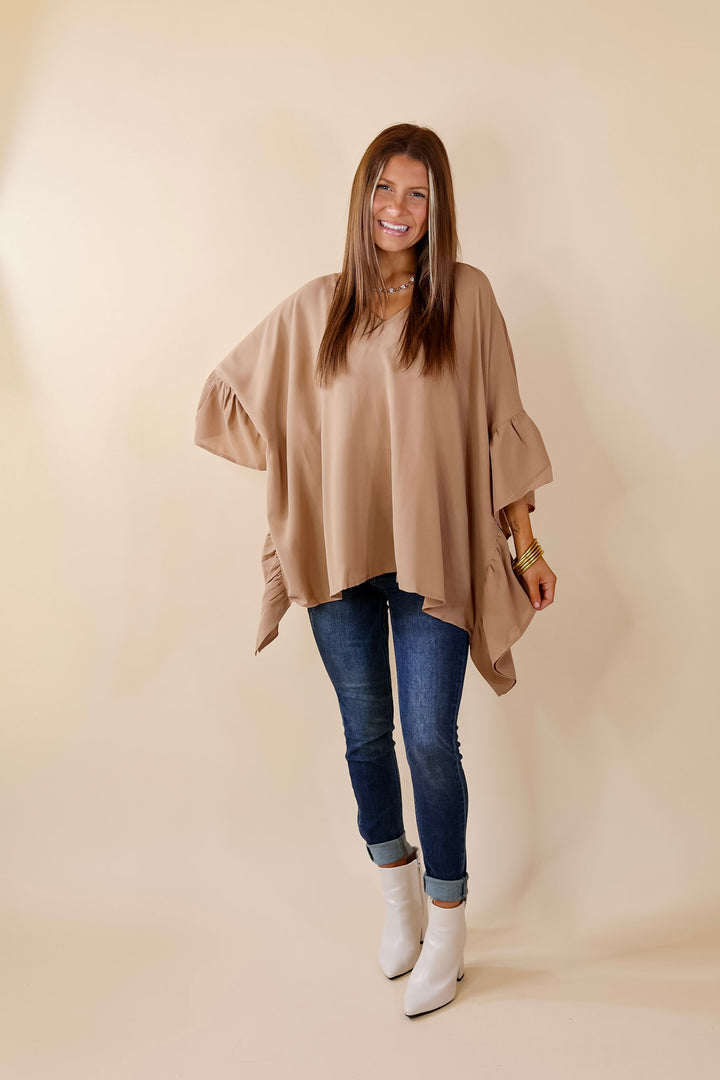 Secret Strength Ruffle Detail Poncho Top in Mocha Brown - Giddy Up Glamour Boutique