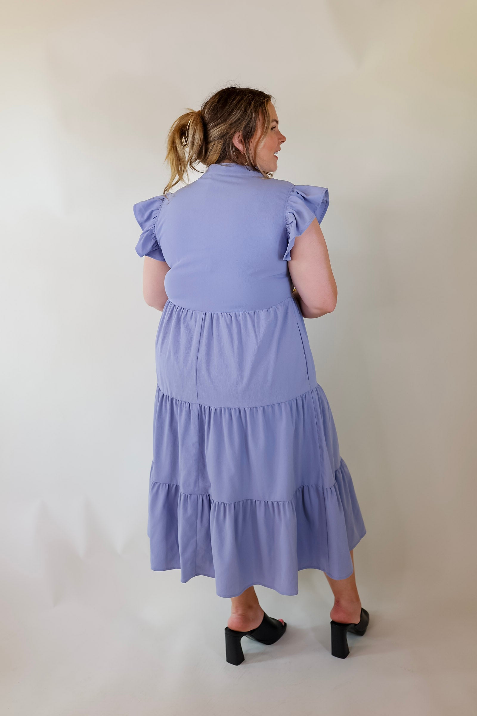 Magnolia Morning Ruffle Cap Sleeve Tiered Midi Dress in Periwinkle Blue - Giddy Up Glamour Boutique