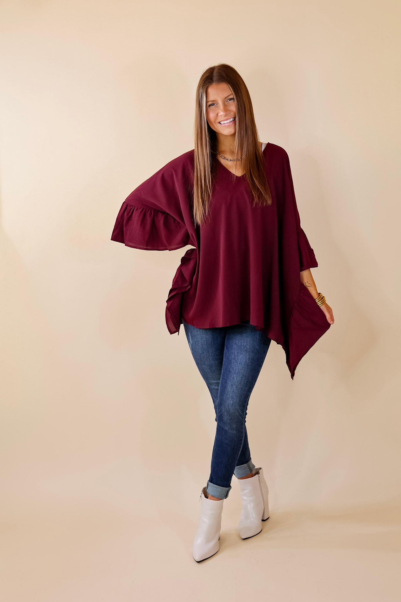 Secret Strength Ruffle Detail Poncho Top in Maroon - Giddy Up Glamour Boutique