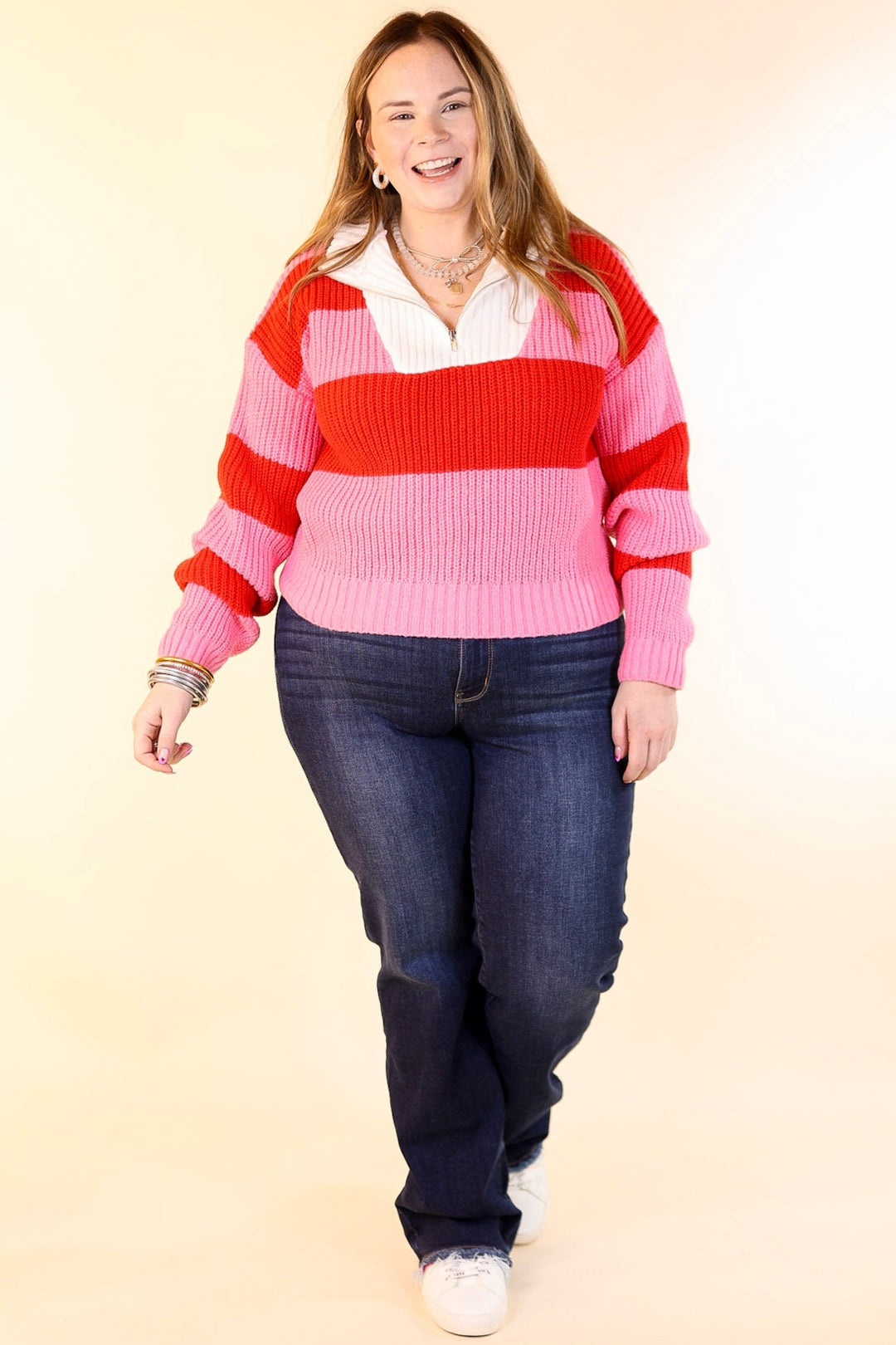 Candy Crush Half Zip Striped Rugby Style Sweater in Red and Pink