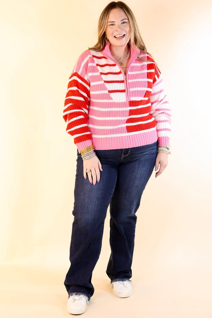 Sweetheart Stripe Half Zip Striped Sweater in Red and Pink