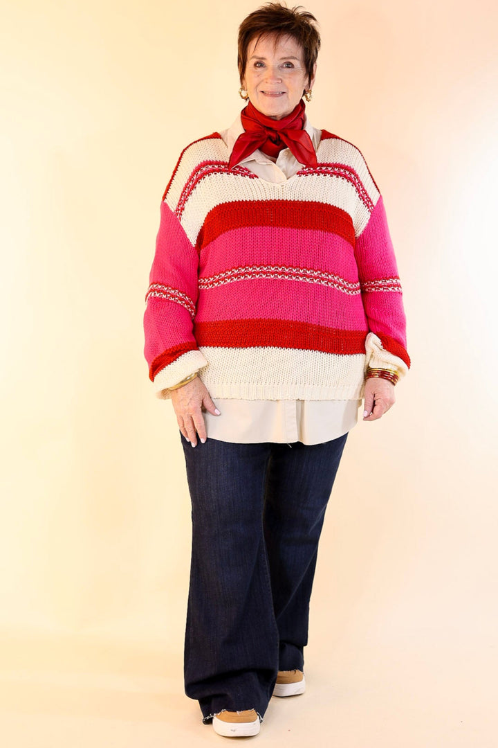 Cozy On Up Long Sleeve Striped Sweater in Red Mix