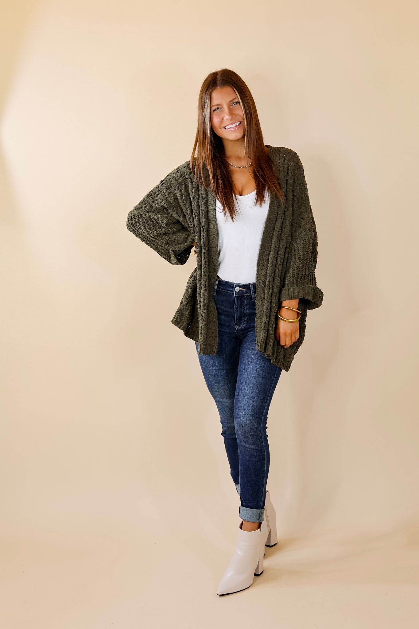On My Level Chenille Cable Knit Open Front Cardigan in Olive Green - Giddy Up Glamour Boutique