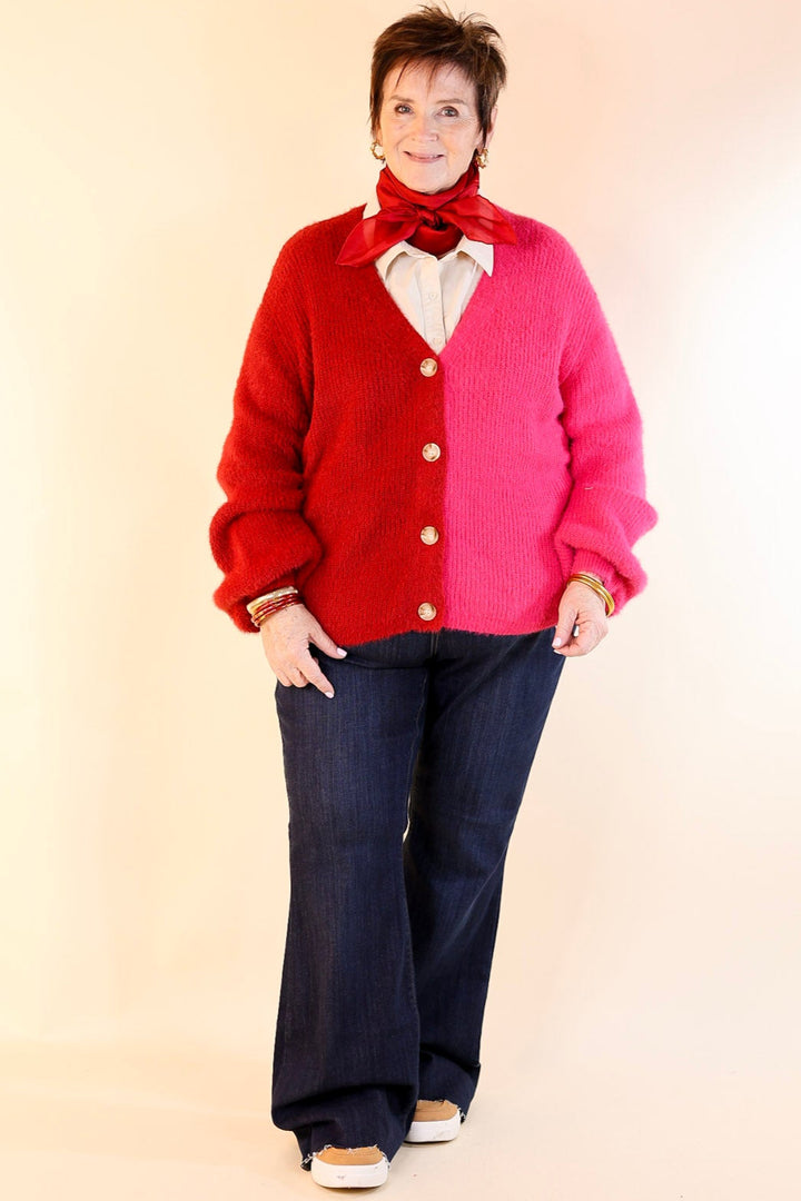 Fireside Feels Color Block Button Up Cardigan with Balloon Sleeves in Hot Pink and Red