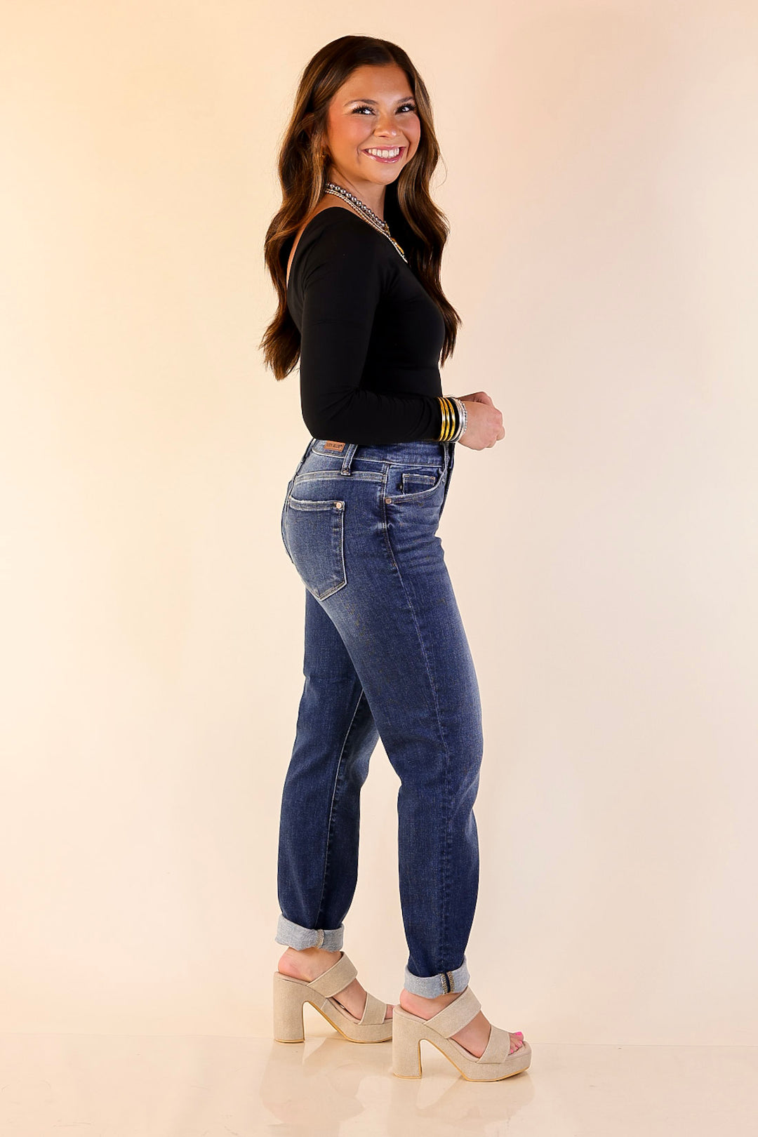 Judy Blue | Naturally Cool Cuffed Boyfriend Denim Jeans in Dark Wash