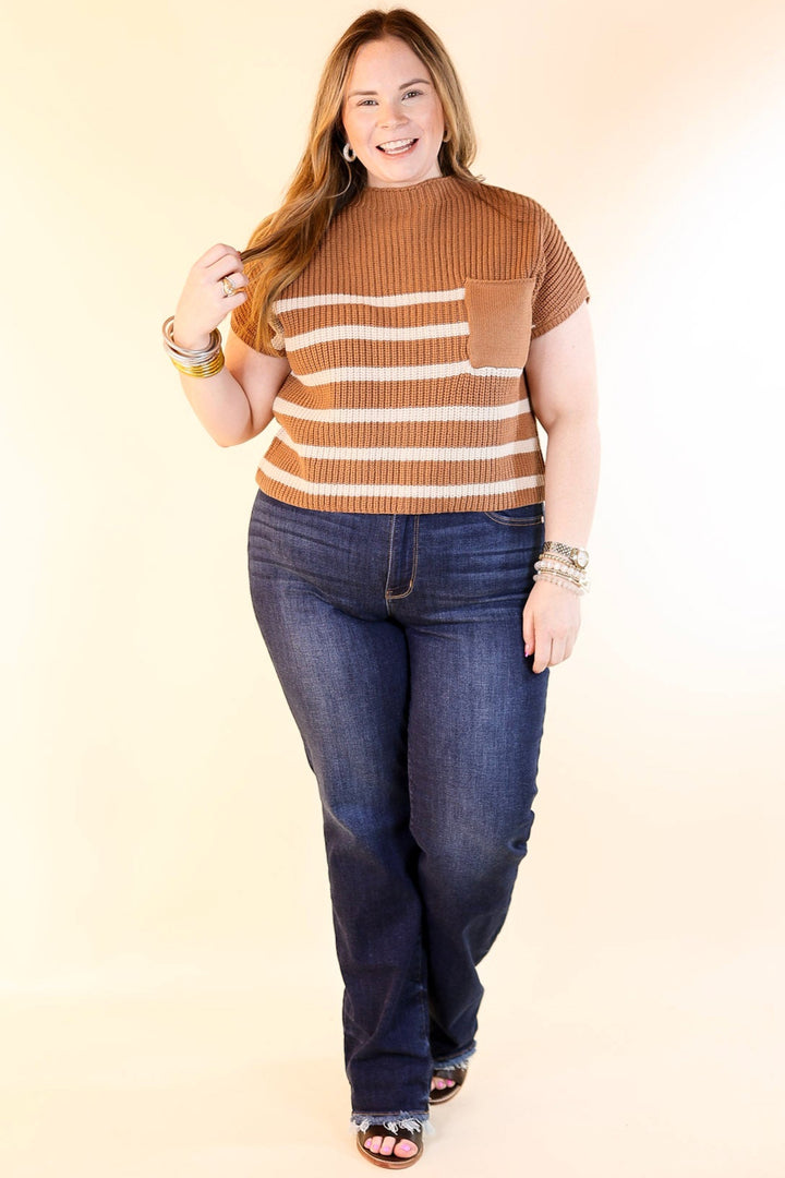 Repeat Worthy Striped Cap Sleeve Cropped Sweater with Front Pocket in Camel Brown