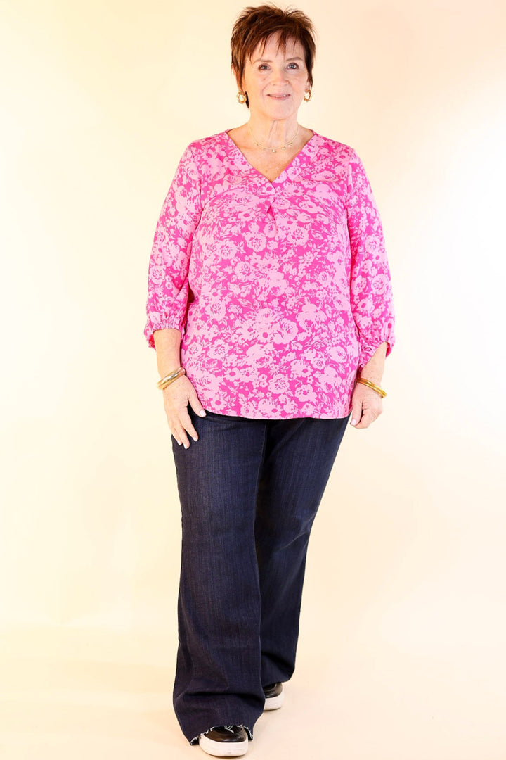 Eyes On Paradise Floral Print Blouse with 3/4 Sleeves in Pink