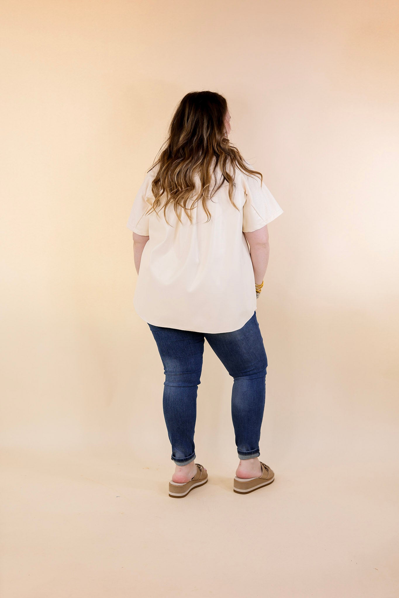 Forever Stylish Faux Leather Snake Print Block Button Up Top in Cream