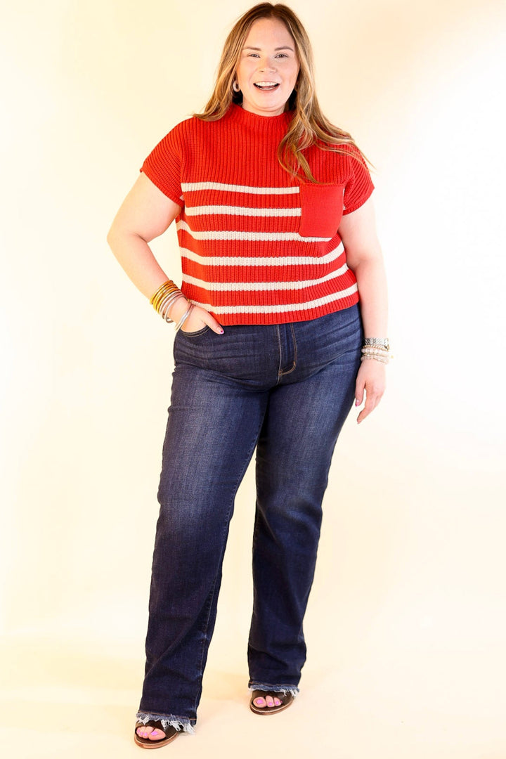 Repeat Worthy Striped Cap Sleeve Cropped Sweater with Front Pocket in Ruby Red