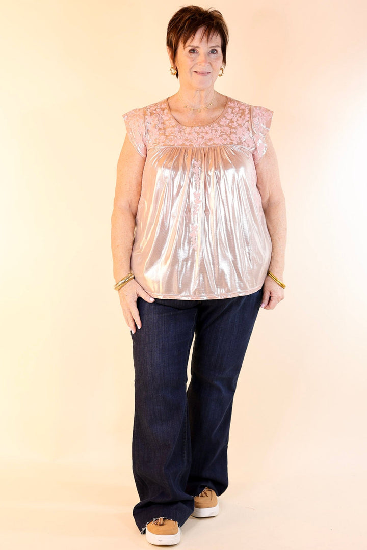 The Thrill Of It Floral Embroidered Metallic Top in Blush Pink