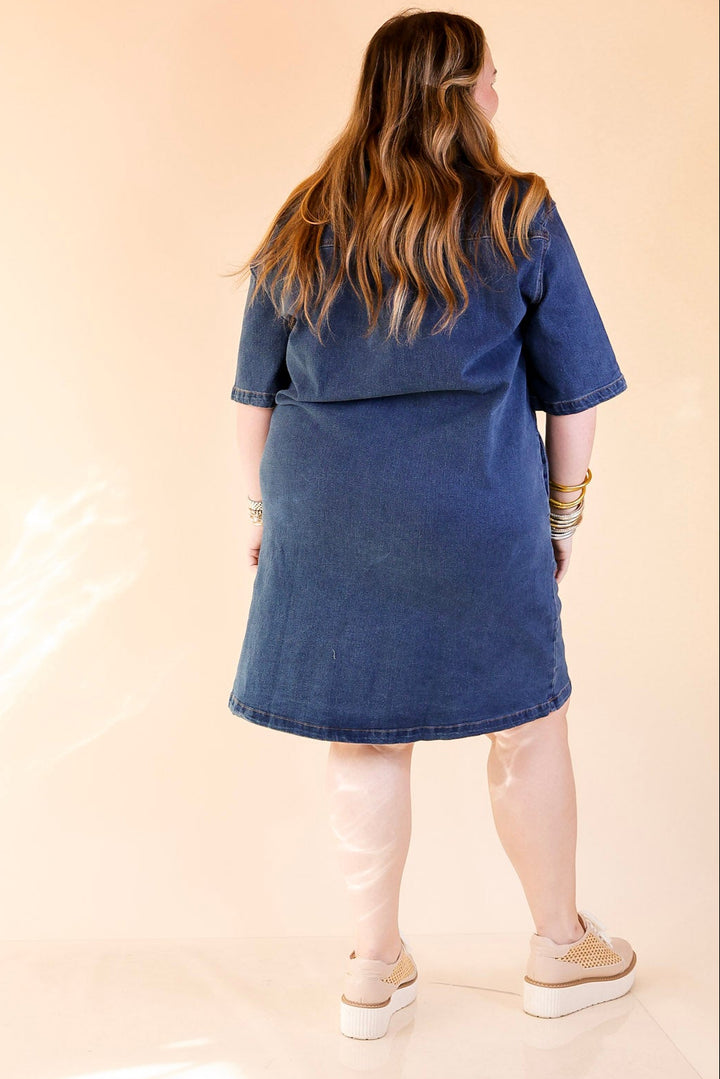 Style in Motion Denim Dress with Patch Pockets in Dark Wash