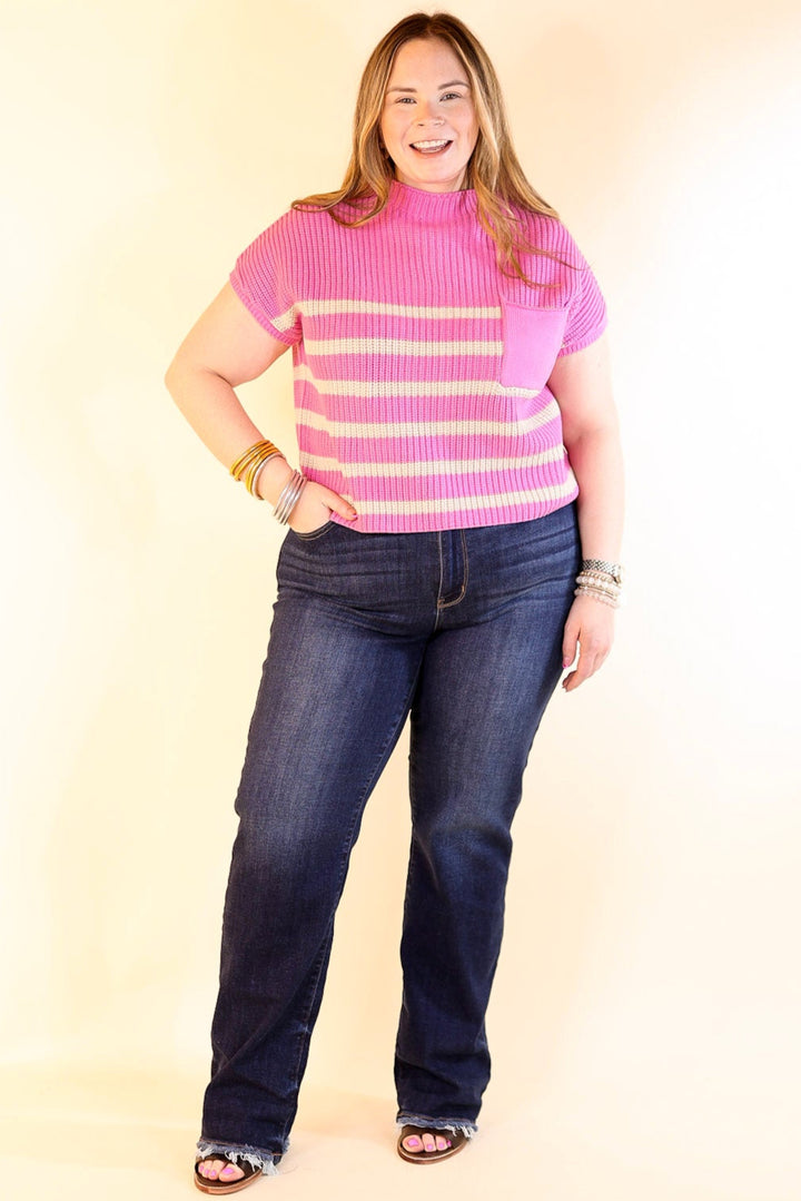 Repeat Worthy Striped Cap Sleeve Cropped Sweater with Front Pocket in Pink