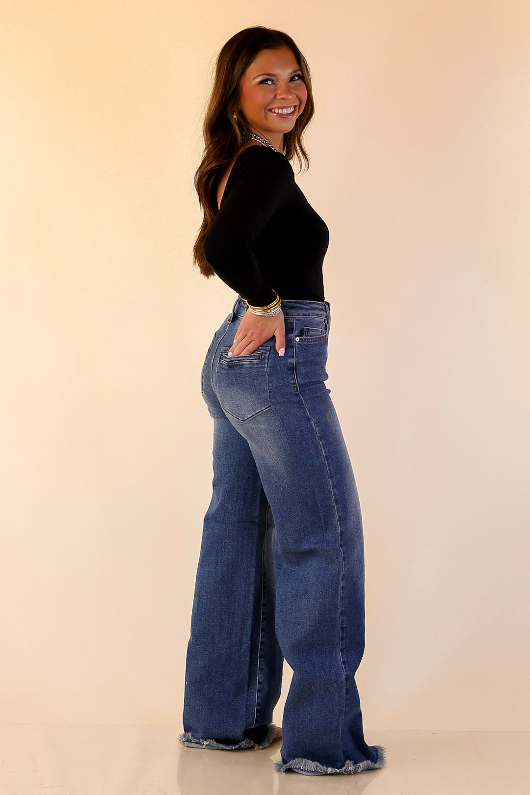 Judy Blue | Sharp Statement Straight Wide Leg Button Fly Jeans with Raw Hem in Dark Wash