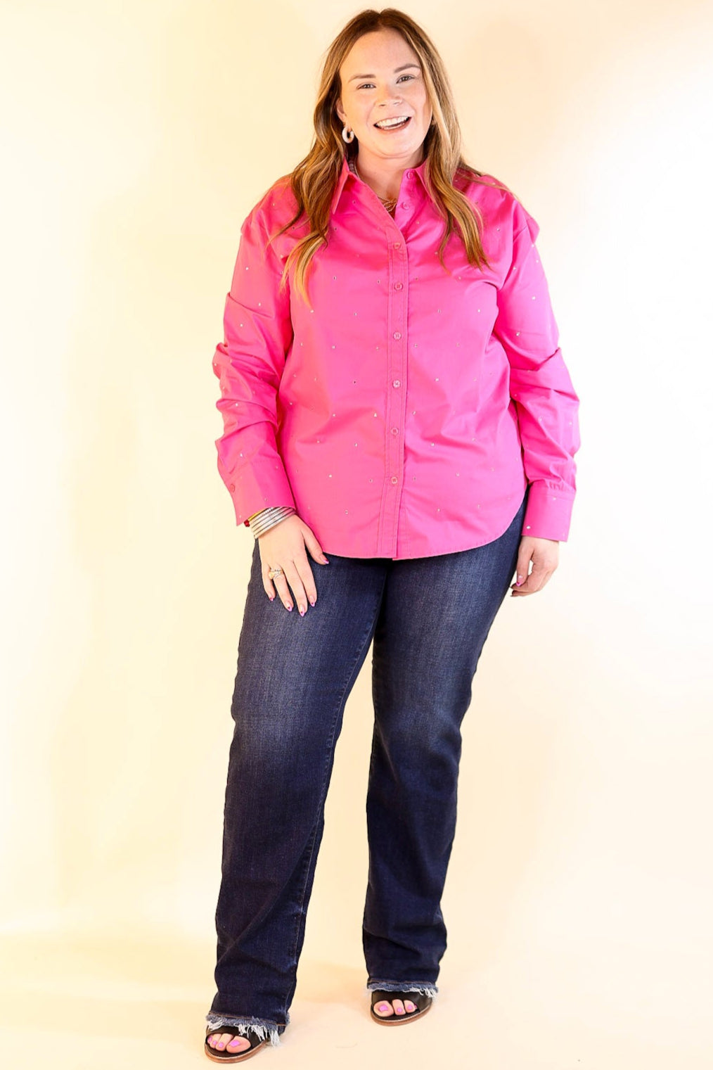 Shine On Collared Button Up Top with Rhinestones in Pink