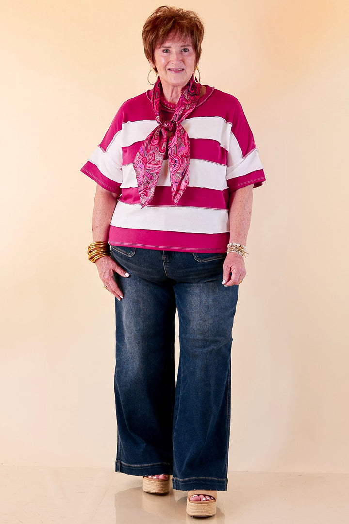 Simply Styled Color Block Rugby Style Relaxed Short Sleeve Top in Magenta Purple