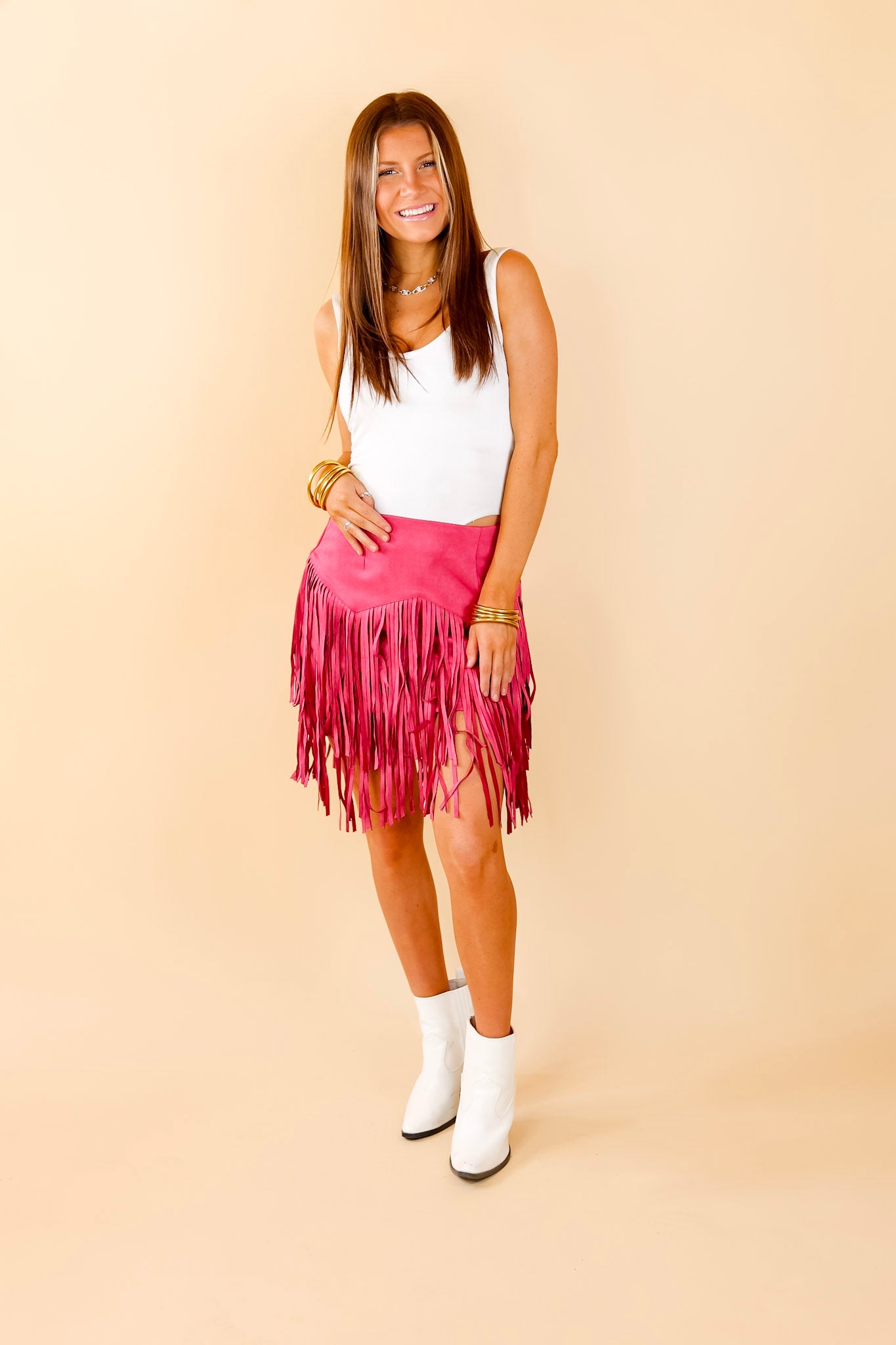 Pep Into Your Step Suede Fringe Skirt in Pink - Giddy Up Glamour Boutique
