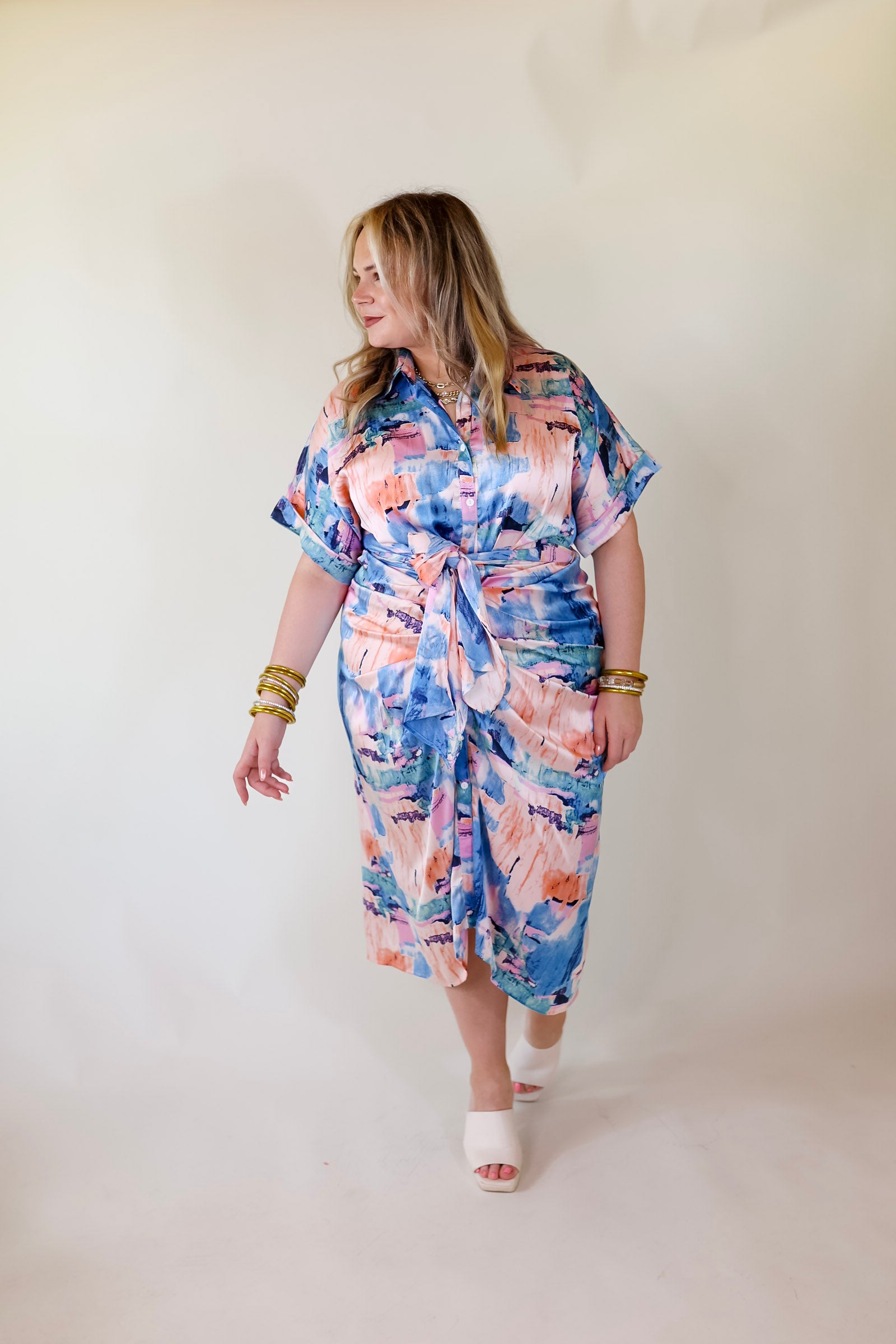 Abstract Meetings Collared Button Up Midi Dress With a Tied Waist in Blue and Coral Pink - Giddy Up Glamour Boutique