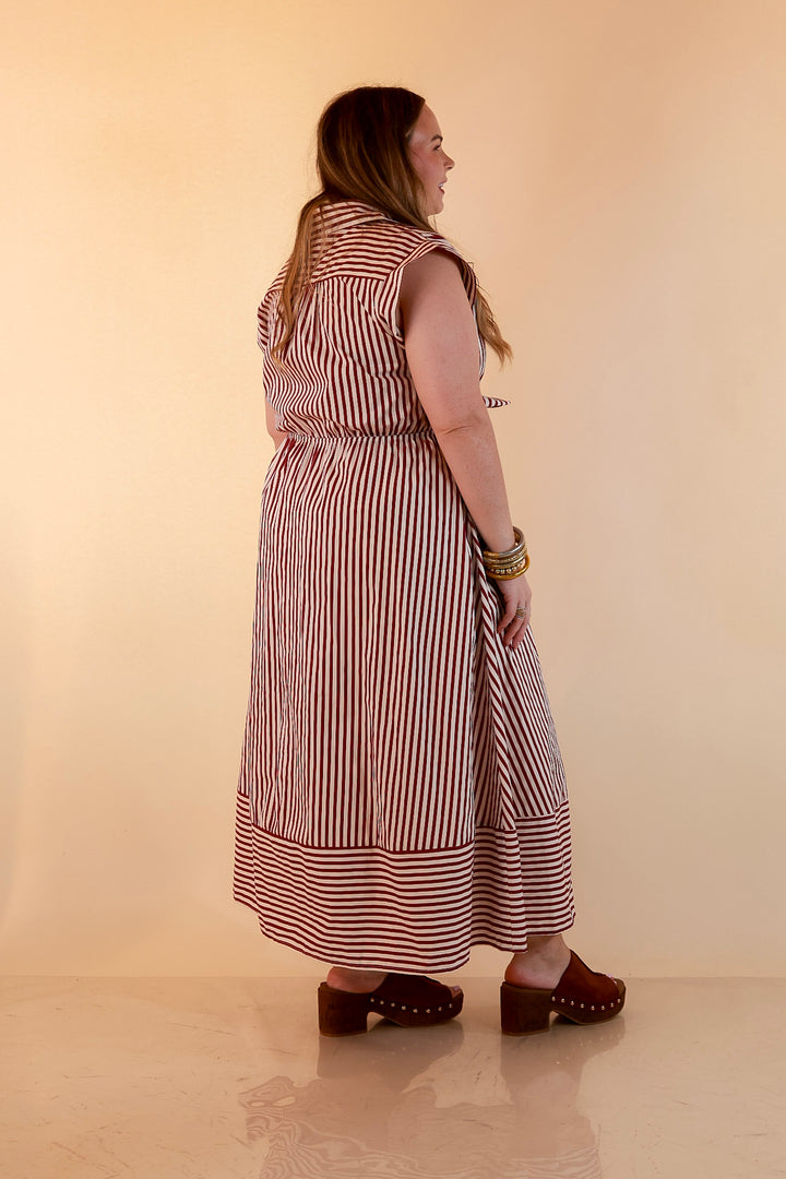In Good Standing Striped Tie Waist Button Down Midi Dress in Maroon and Ivory