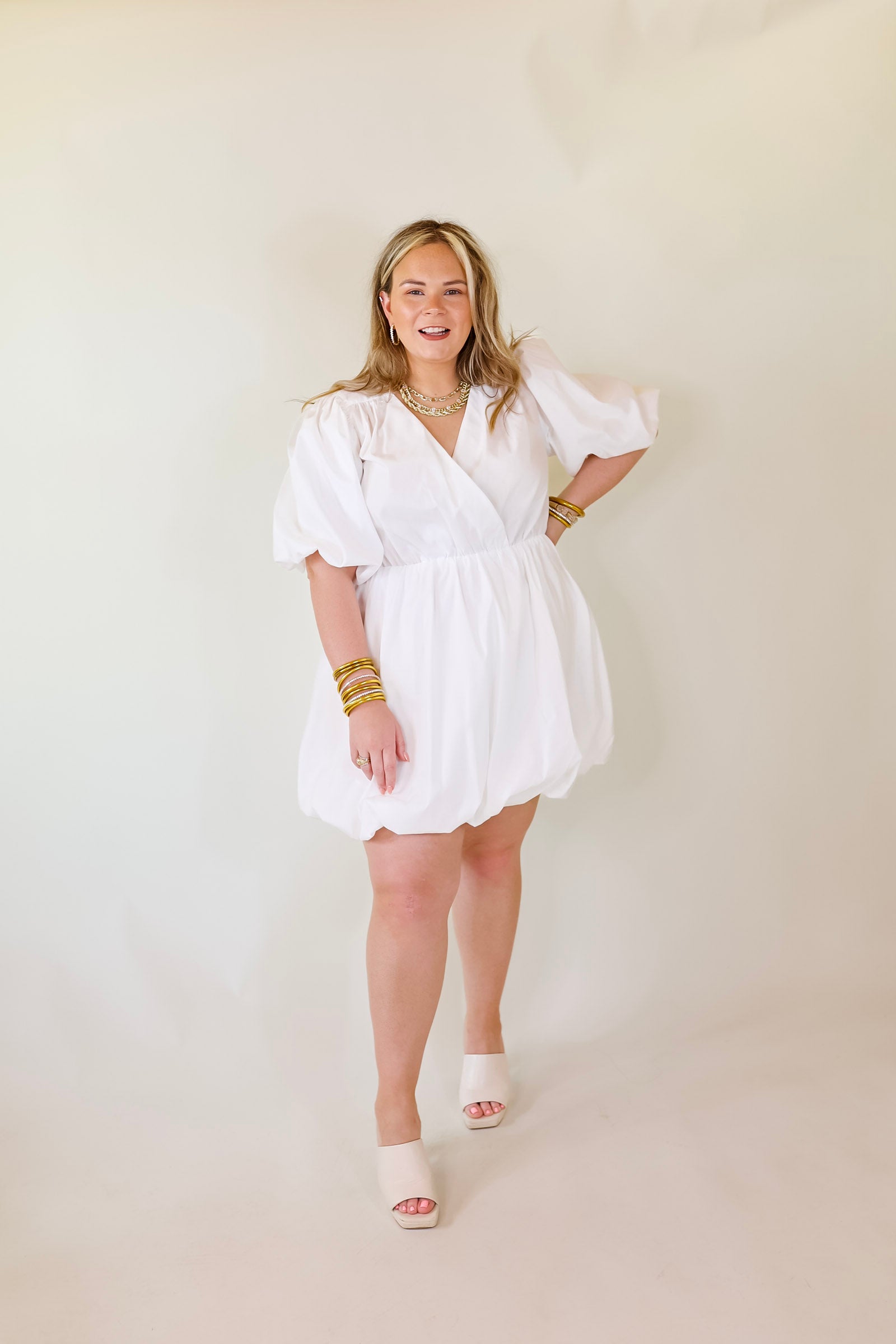 Flawless and Free Puffed Sleeve Babydoll Dress in White - Giddy Up Glamour Boutique