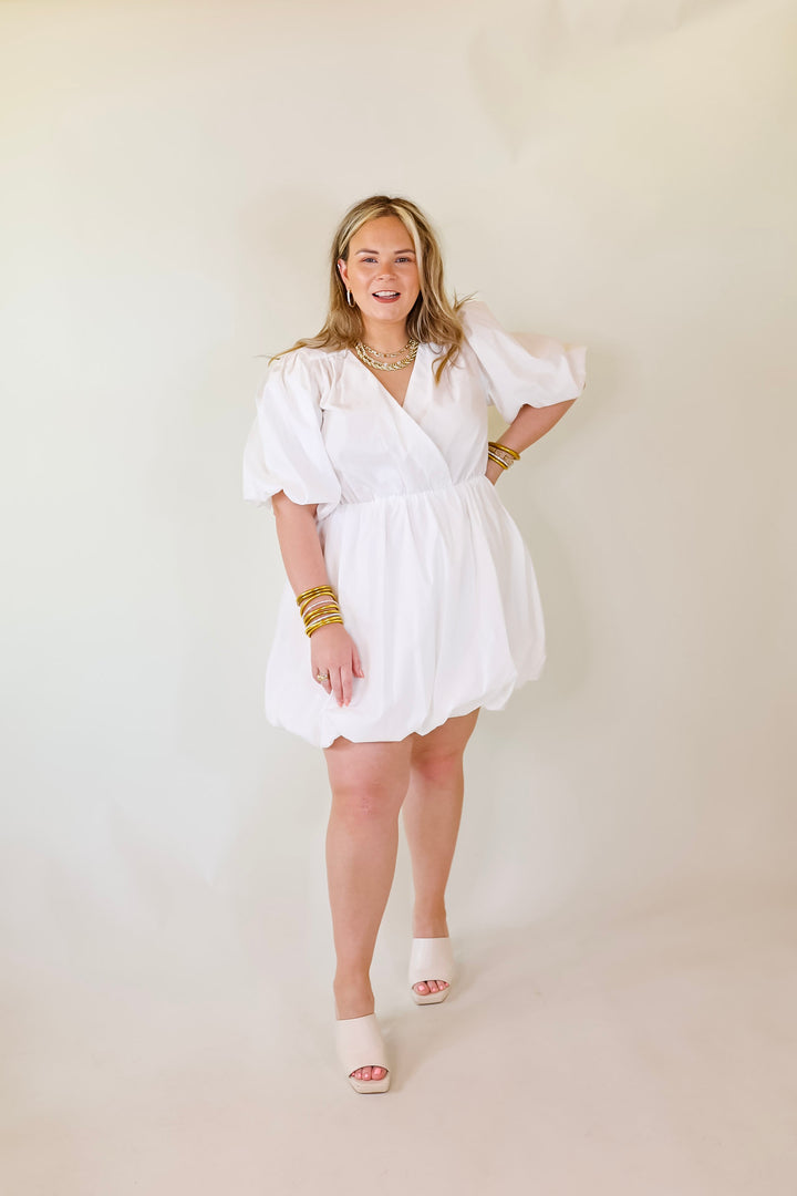 Flawless and Free Puffed Sleeve Babydoll Dress in White - Giddy Up Glamour Boutique
