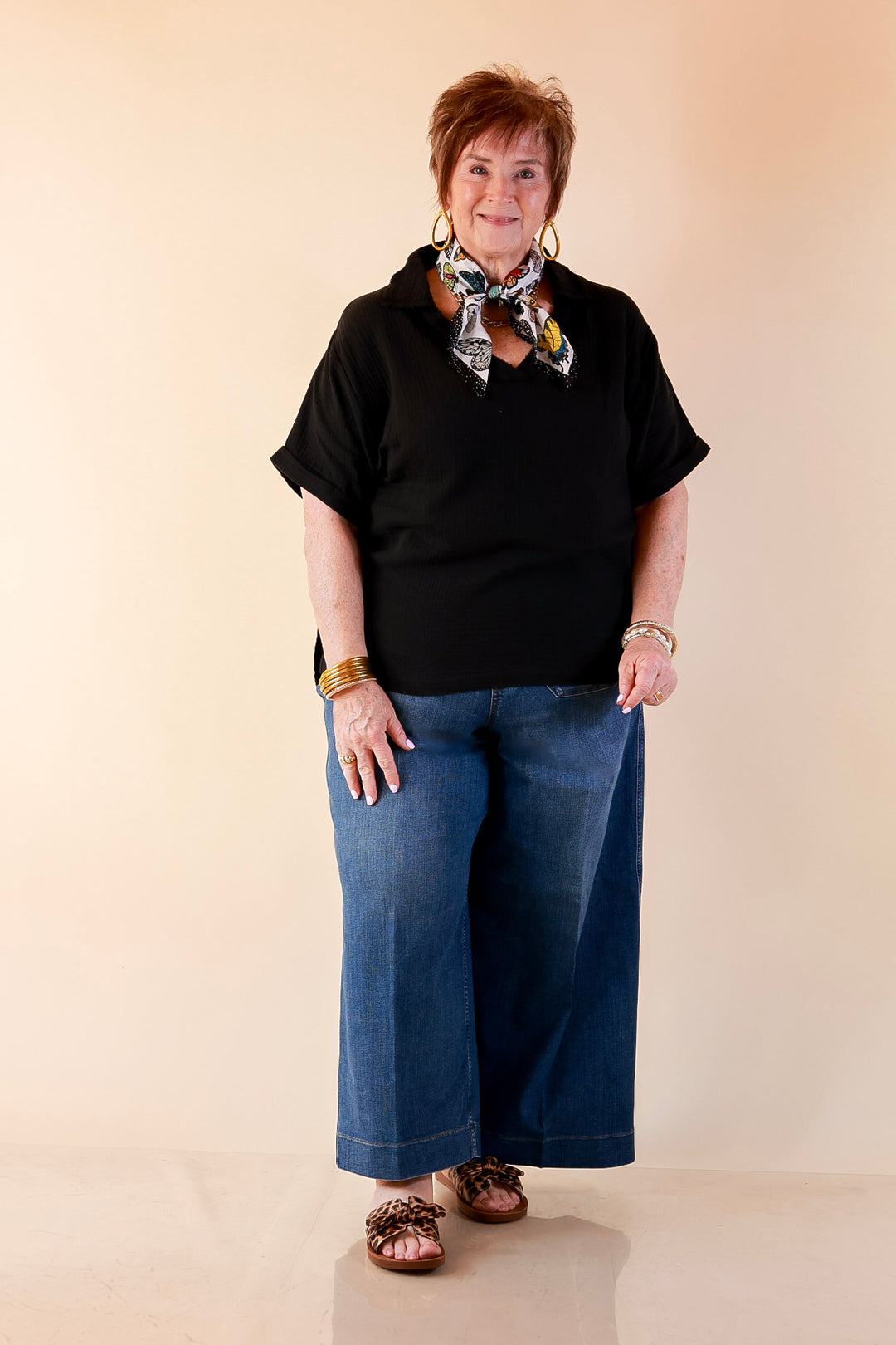 Quite Appropriate Short Sleeve Collared V Neck Linen Top with Rolled Sleeve Detail in Black