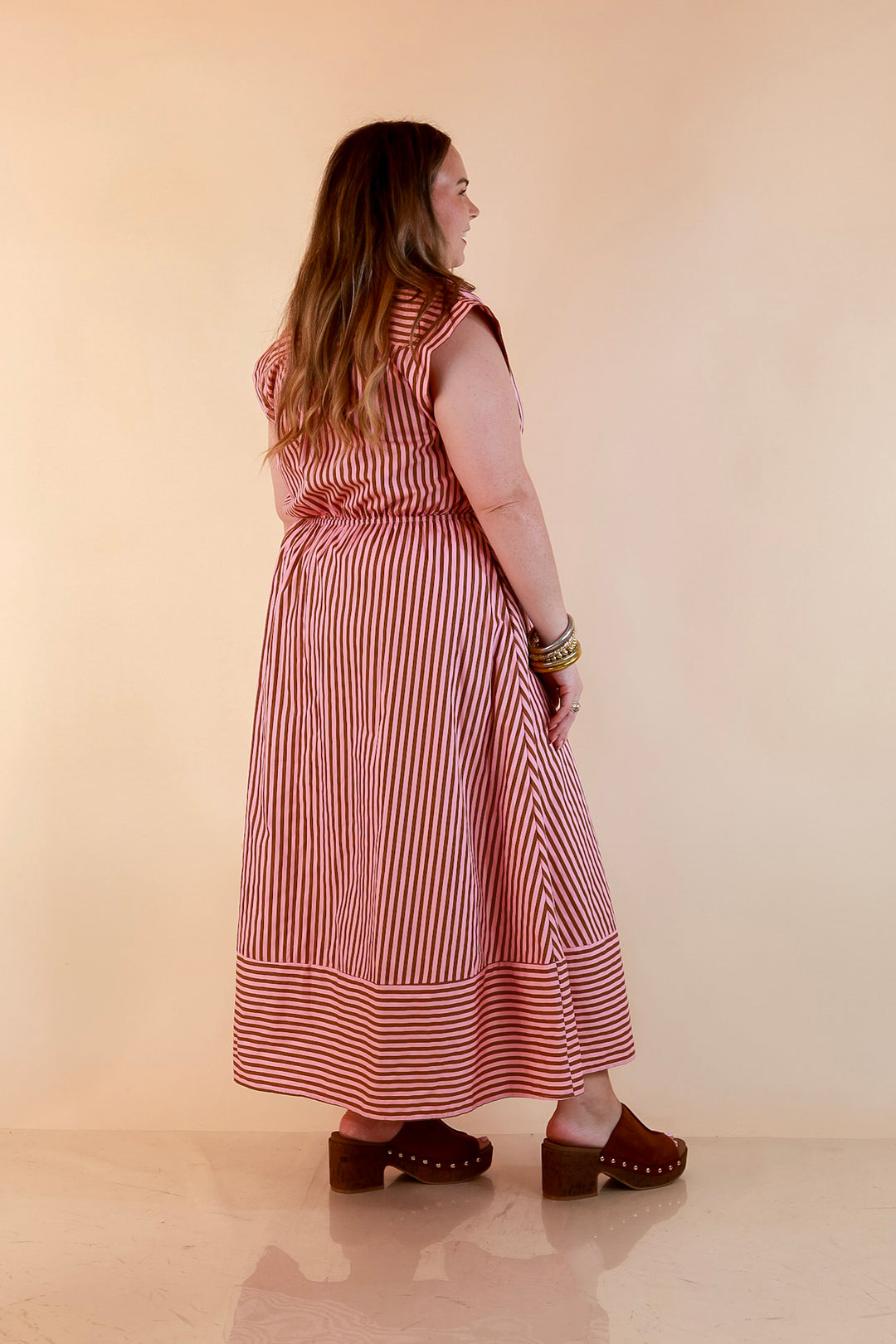 In Good Standing Striped Tie Waist Button Down Midi Dress in Pink and Brown