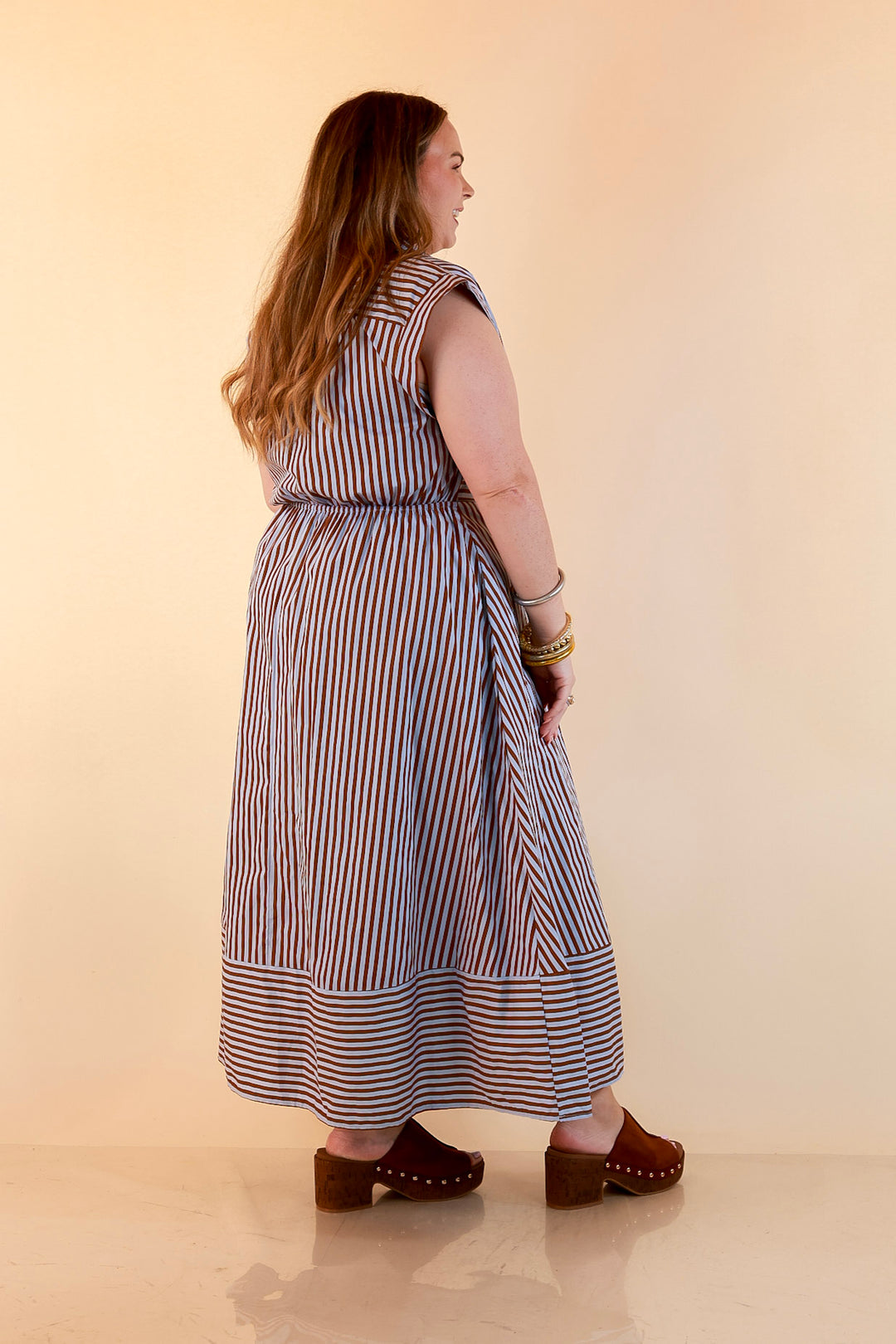 In Good Standing Striped Tie Waist Button Down Midi Dress in Blue and Brown