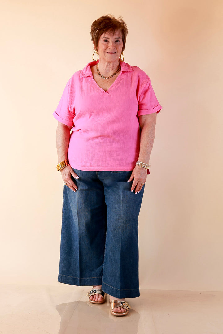 Quite Appropriate Short Sleeve Collared V Neck Linen Top with Rolled Sleeve Detail in Pink