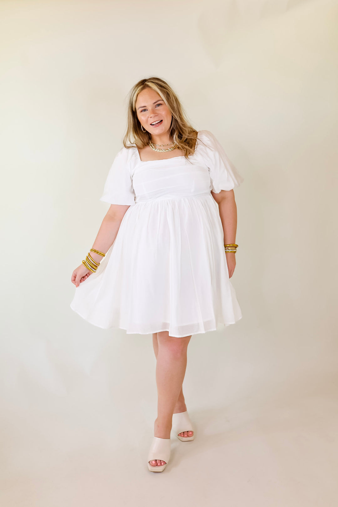 Livin Free Off The Shoulder Pleated Dress With Puffed Sleeves in White - Giddy Up Glamour Boutique