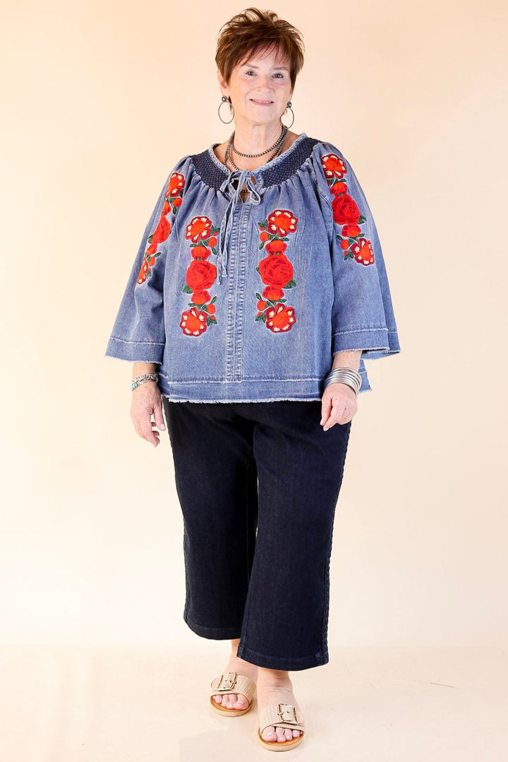 Rodeo Quincy | Tia Carmen Flowy Denim Blouse with Red Rose Embroidery
