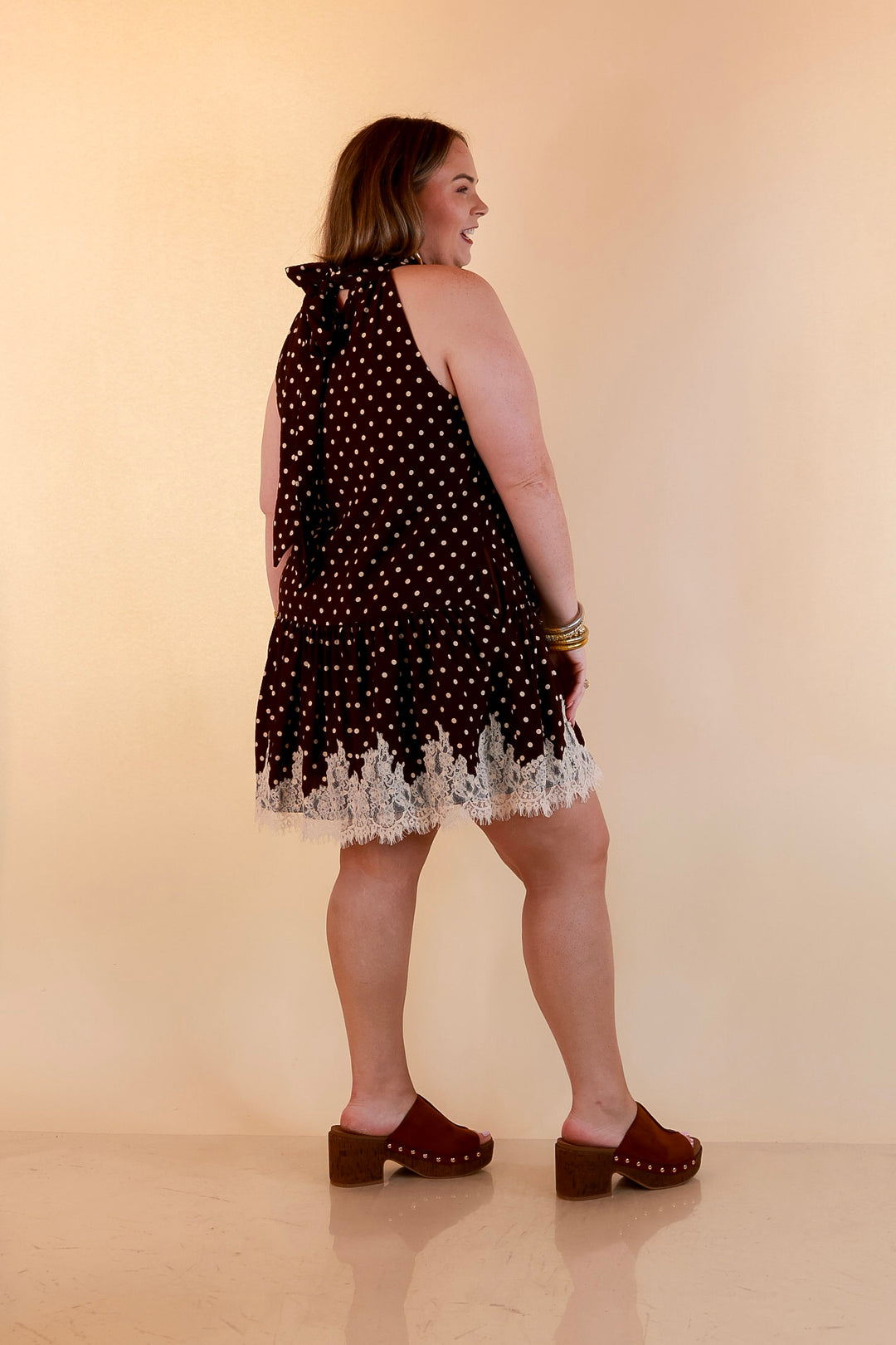 Something to Love Polka Dot Lace Trim Halter Dress in Chocolate Brown and Ivory