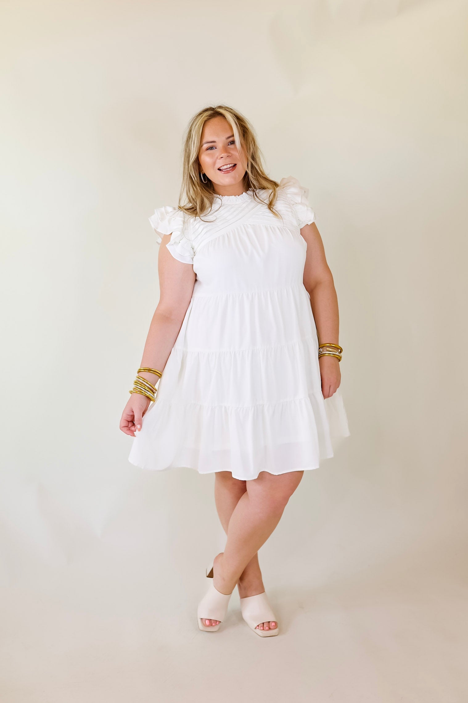 Chic On Scene Ruffle Tiered Dress with Pleated Detailing in White - Giddy Up Glamour Boutique