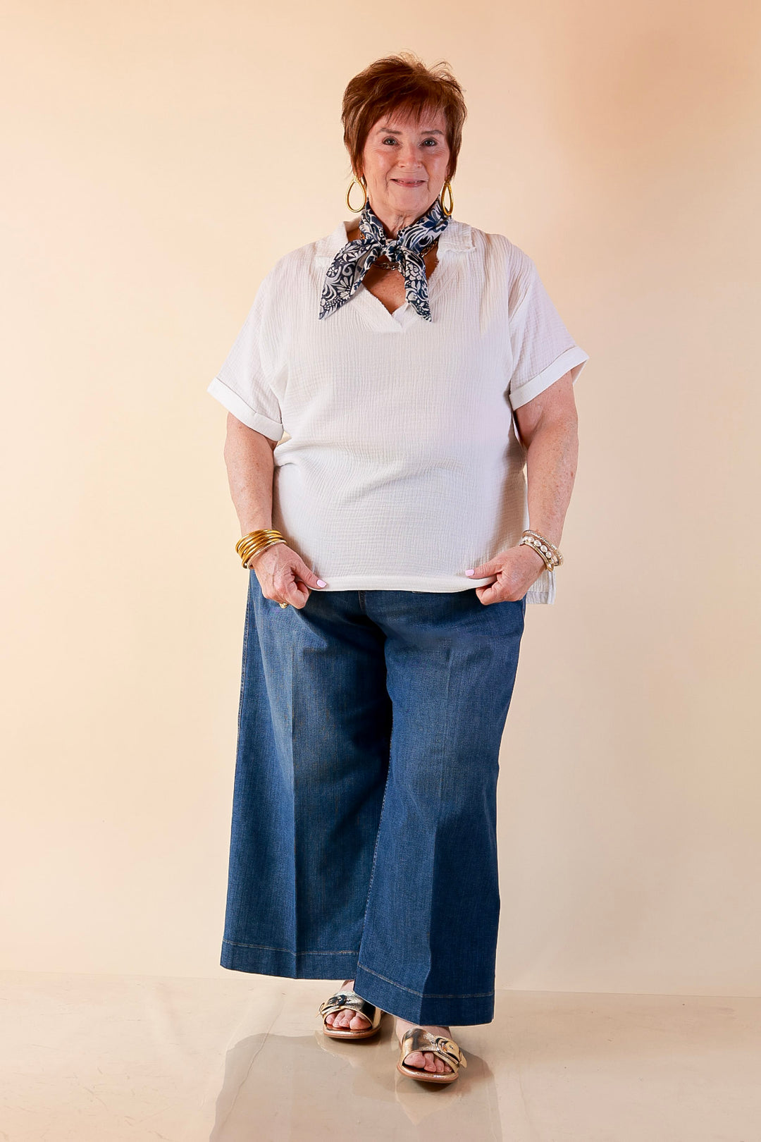 Quite Appropriate Short Sleeve Collared V Neck Linen Top with Rolled Sleeve Detail in White