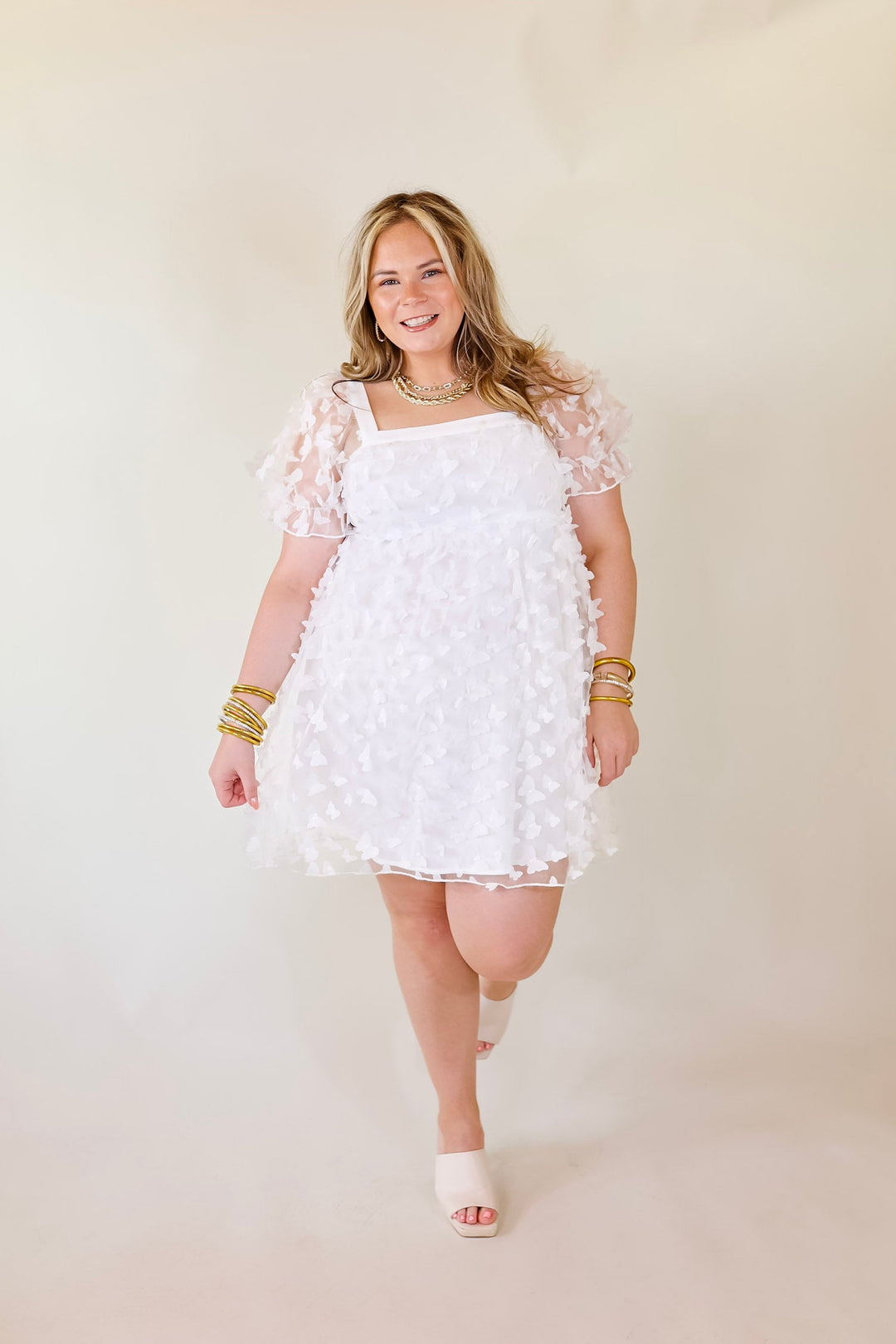 Sweetest Rush Butterfly Print Babydoll Dress in White - Giddy Up Glamour Boutique