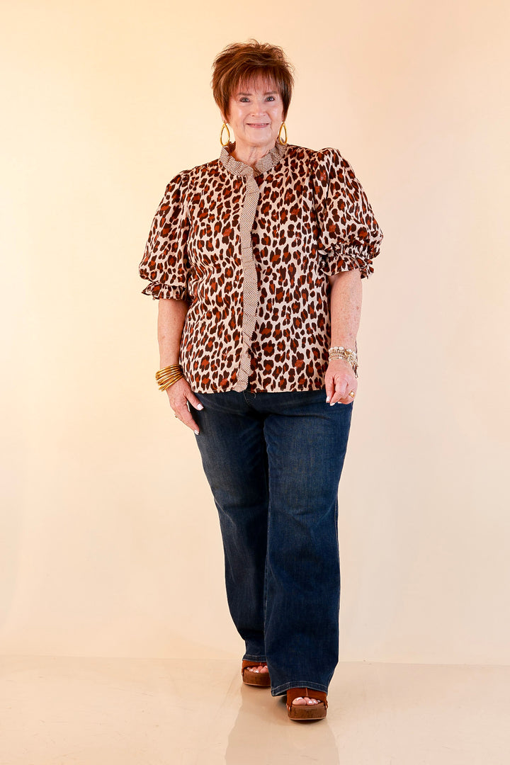 Catch the Compliments Puff Sleeve Ruffle Trim Leopard Print Statement Top in Ivory and Brown