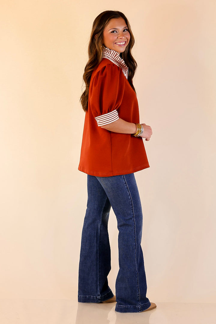 Refined Edge Short Puff Sleeve Top with Striped Collar in Rust Orange