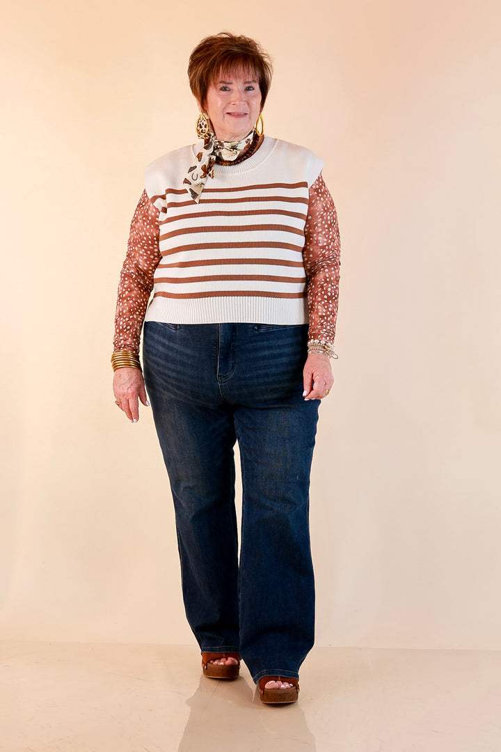 Stripe Things Up Drop Shoulder Knit Sweater in White with Tan Stripes