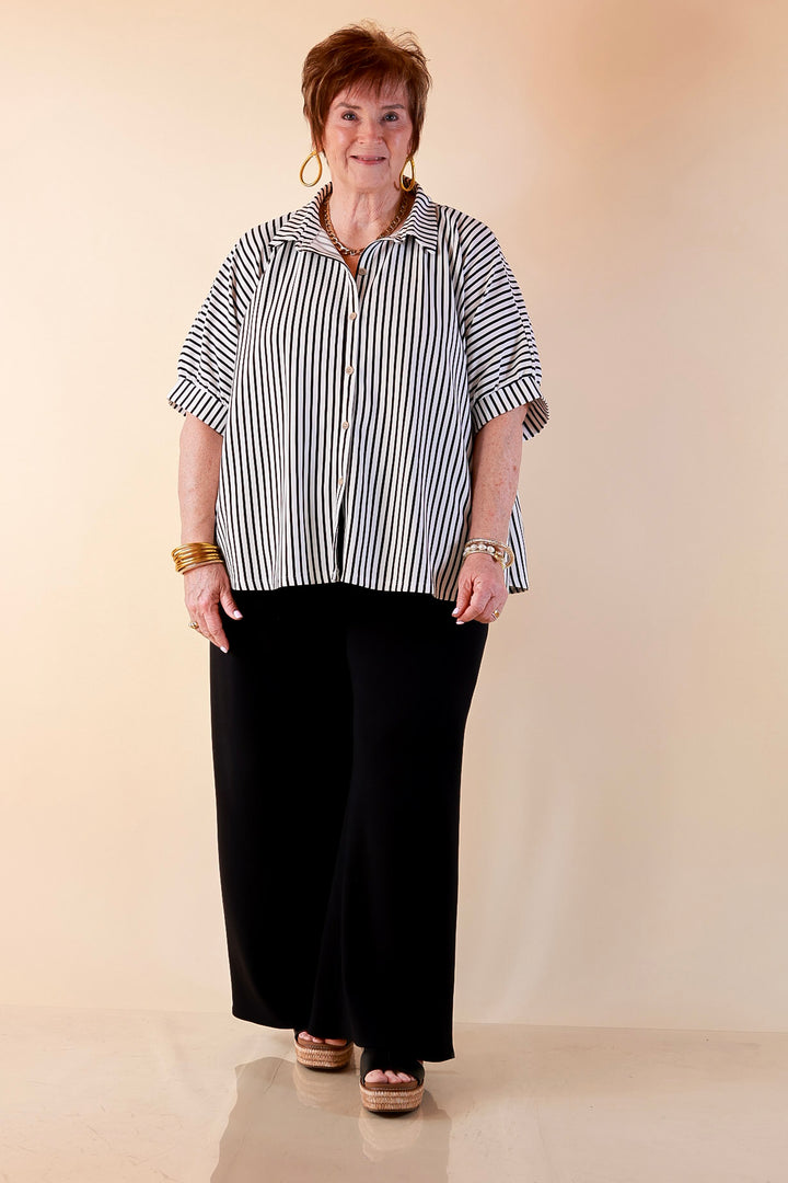 Effortlessly Aligned Button Down Collared Top with Vertical Ivory Stripe Detail in Black