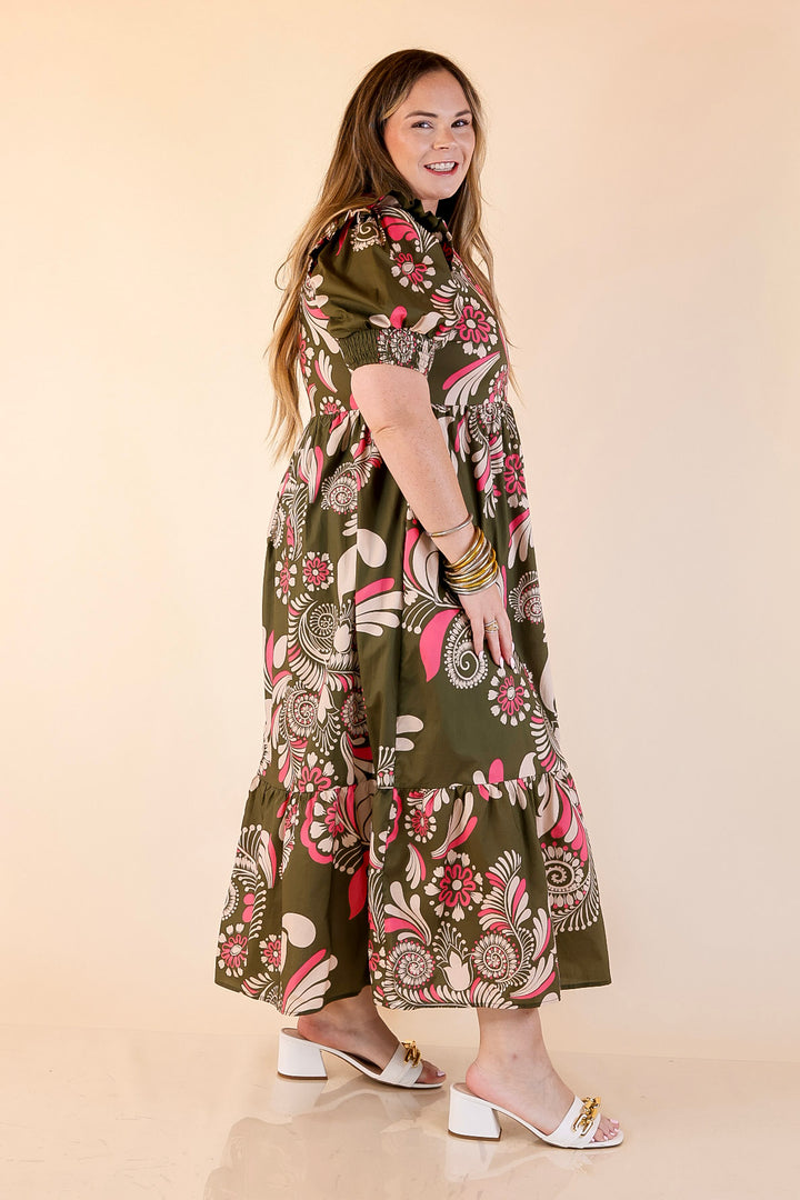 First Impressions V Neck Paisley Midi Dress in Olive Green and Pink Mix
