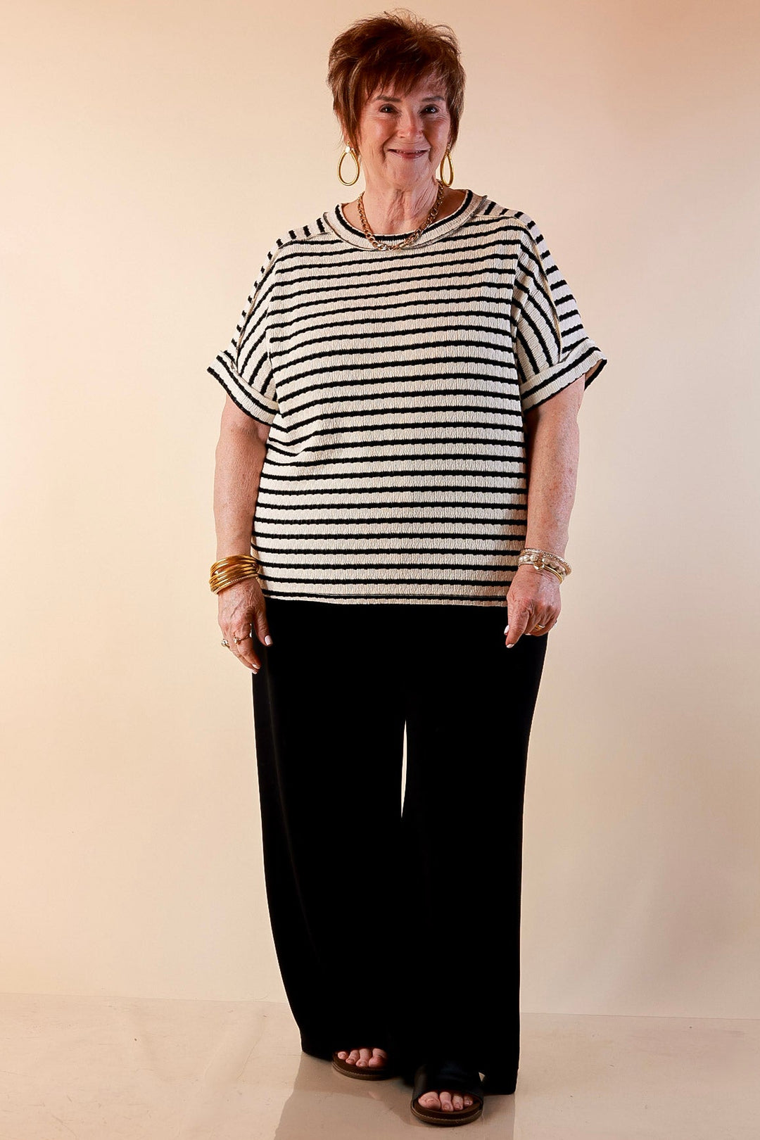 On The Daily Scoop Neck Short Sleeve Striped Textured Top in Black