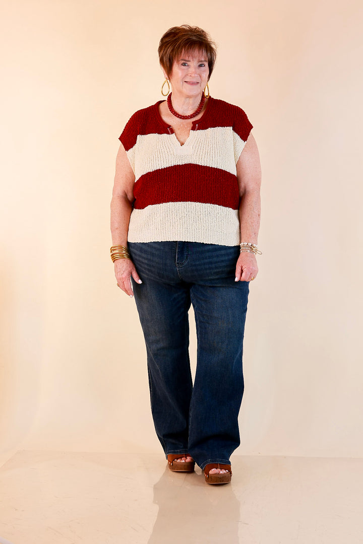 The Style Standard Striped Sleeveless Sweater Knit Top in Burgundy and Ivory