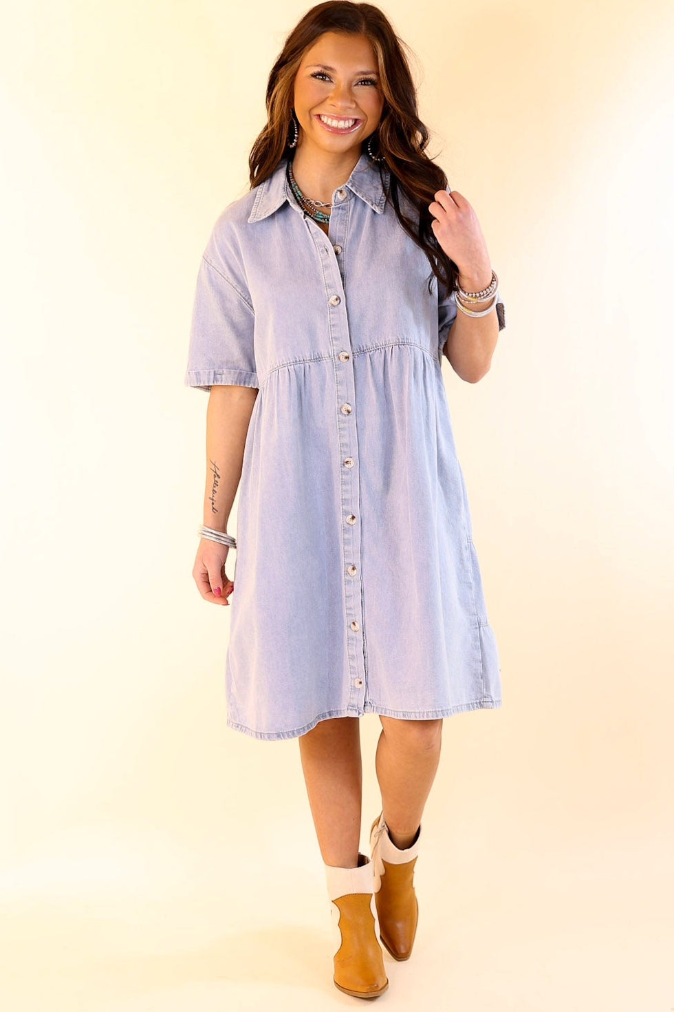 Nice to Meet You Button Up Collared Denim Dress in Light Wash