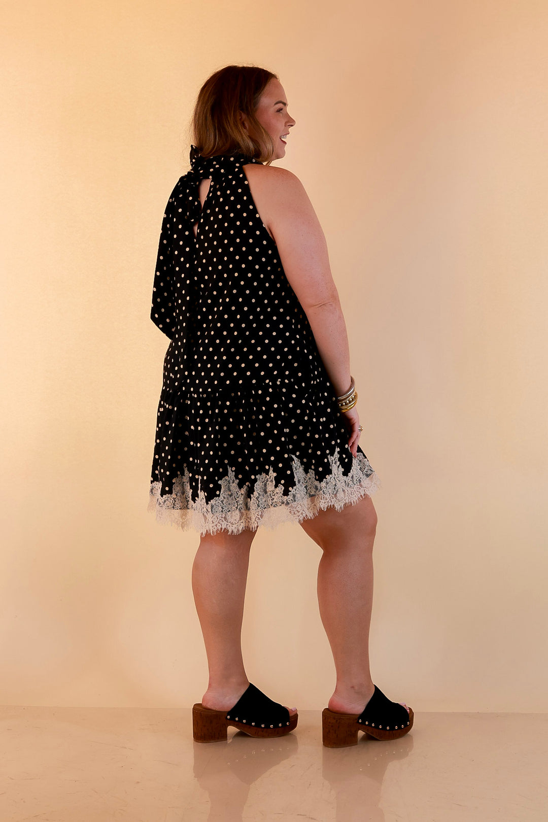 Something to Love Polka Dot Lace Trim Halter Dress in Black and Ivory