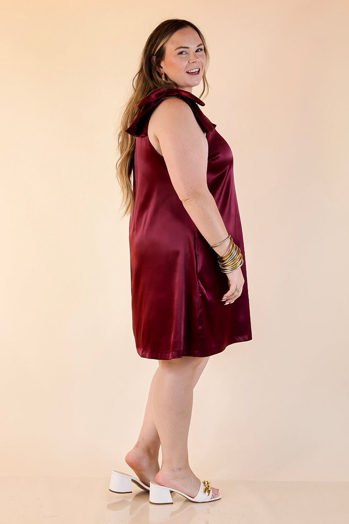 Satin Soirée V Neck Mini Dress with Bow Strap Detailing in Maroon