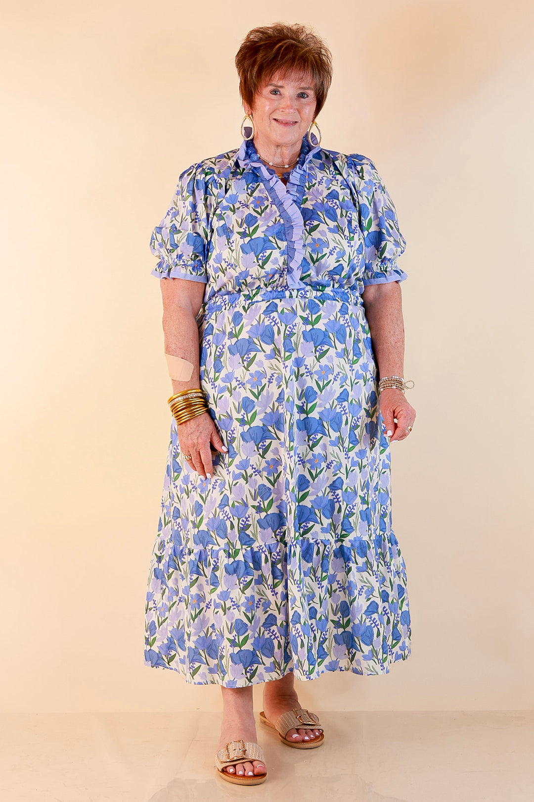 Gracefully Yours Floral Print Midi Dress with Contrast Ruffle Trim in Blue